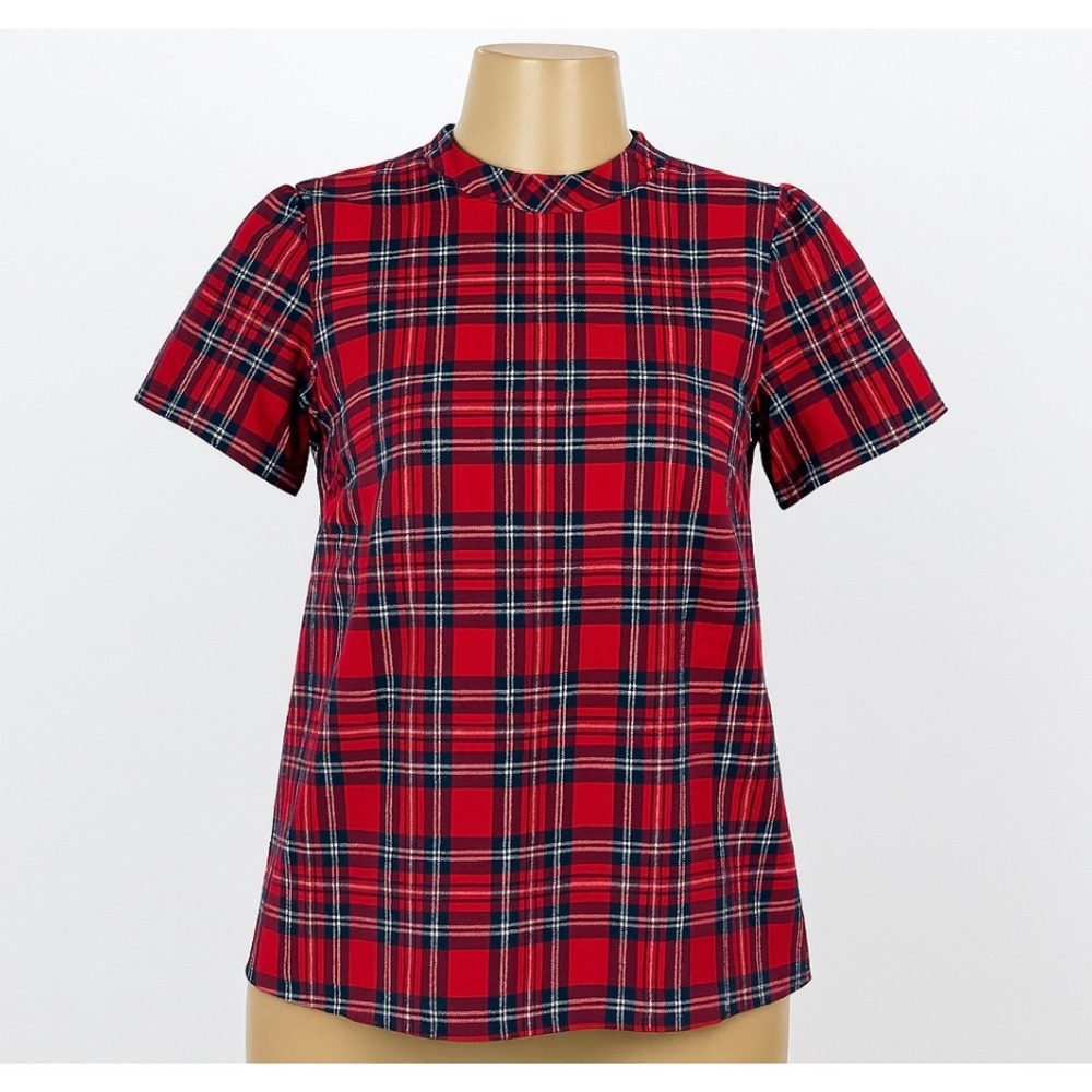 Draper James‎ XS Plaid Top Short Sleeve Red Navy White Blouse Bow Back Preppy